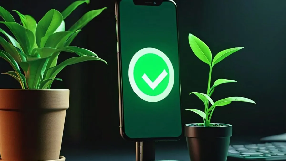 Celular en una base con una marca de verificación verde entre dos plantas