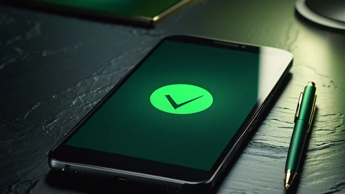 Celular sobre una mesa de pizarra con una marca de verificación verde y una pluma