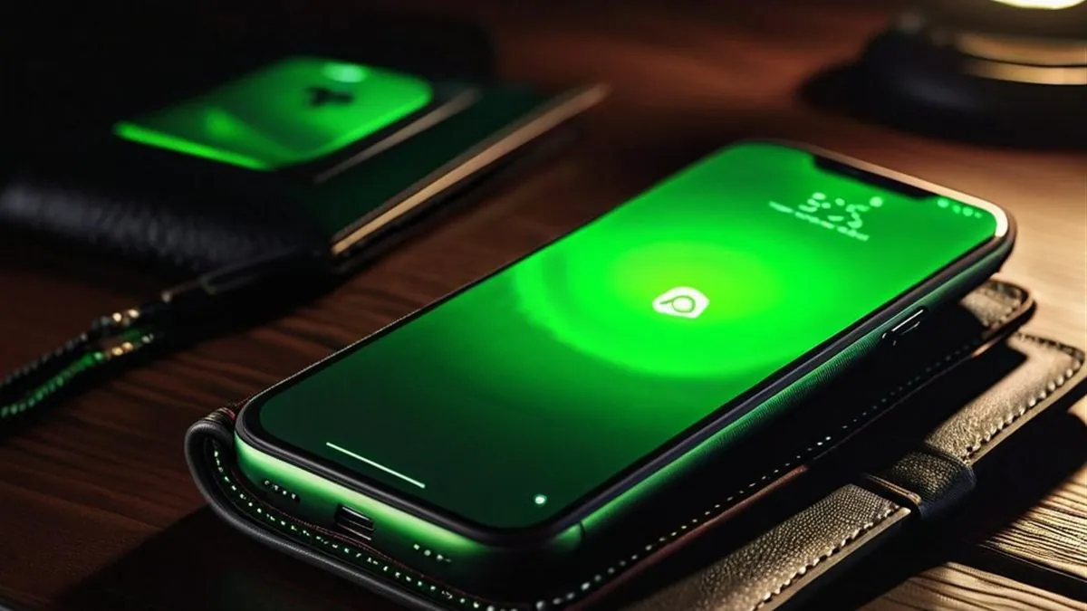Celular con pantalla verde sobre una cartera de piel en un escritorio de madera