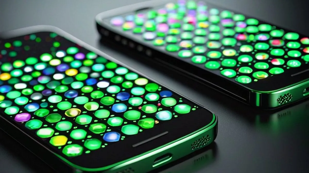 Dos celulares sobre una mesa con cuadrículas de iconos redondos verdes y de colores