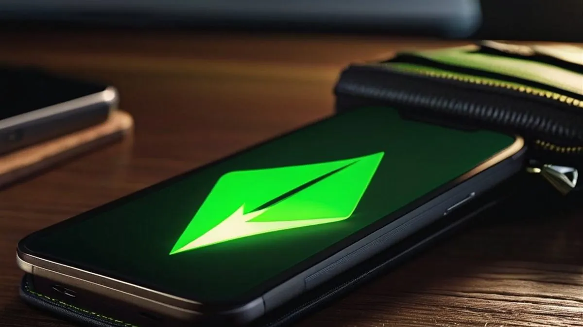 Celular con una flecha verde luminosa en pantalla sobre una cartera en el escritorio