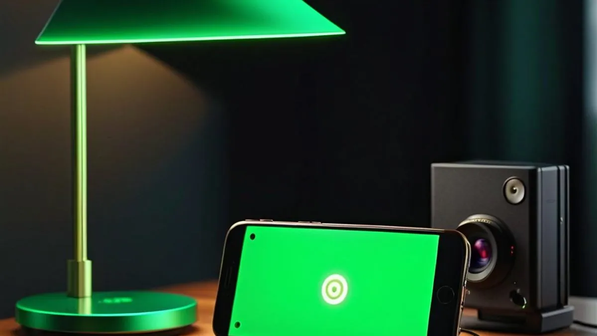 Celular con pantalla verde junto a una cámara web y una lámpara verde
